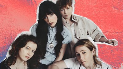 A picture of Florence Road on a pink and blue background. There are four members of the band, all female, all looking directly at the camera and wearing pastel clothing.