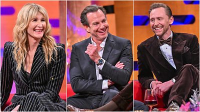 A collage of stills of a woman and two men (Laura Dern, Will Arnett and Tom Hiddleston) sitting on a red curved sofa