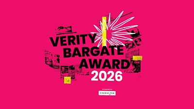Bright pink background with bold text “Verity Bargate Award 2026” and a yellow-white starburst design.