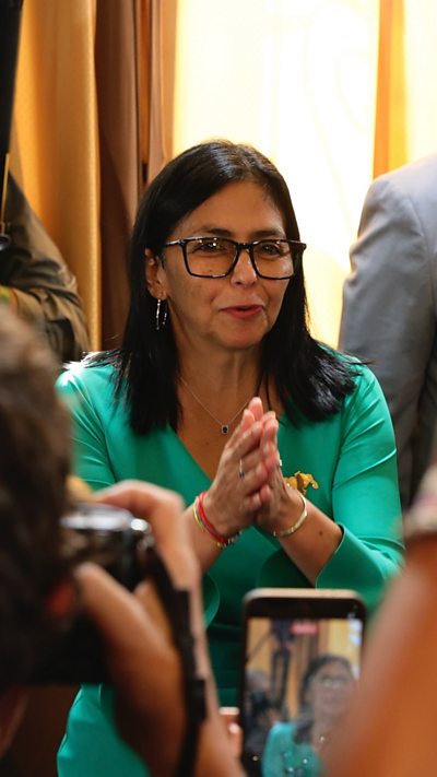 Vice President of Venezuela Delcy Rodriguez reacts after being sworn in as Acting President of Venezuela.