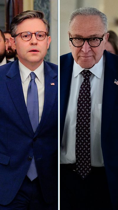 Split screen showing two men in suits - Mike Johnson on the left and Chuck Schumer on the right.
