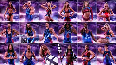 A collage of shots of the 18 Gladiators posing in their costumes