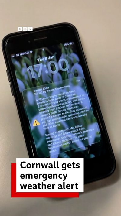 Phones in Cornwall are pinged with an emergency alert for the red weather warning
