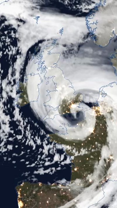 Satellite image of swirl of storm cloud over UK