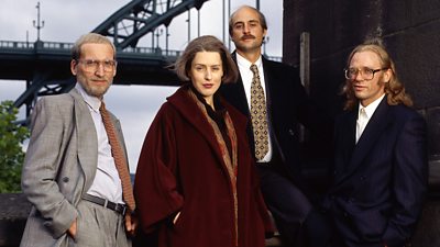 Christopher Eccleston, Gina McKee, Mark Strong and Daniel Craig as Nicky, Mary, Tosker and Geordie, as seen in ‘1995’, the final episode of Our Friends in the North