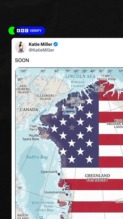 A screenshot of an X post from Katie Miller, which says 'SOON' alongside a map of Greenland filled with the American flag