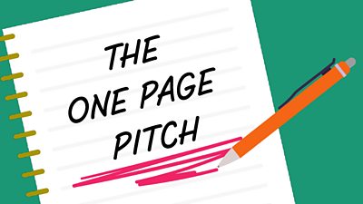 A grpahic of a lined noteebook with the text 'The One Page Pitch' written on it with an orange pen beside it hovering over a red scribble underlining the text