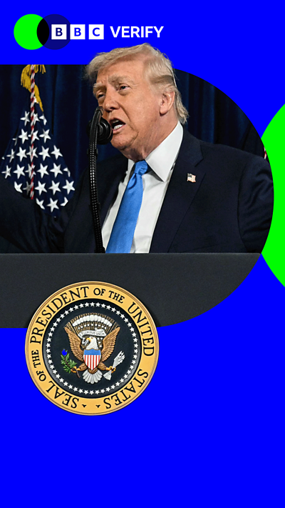 President Donald Trump delivering a speech with an American flag behind him