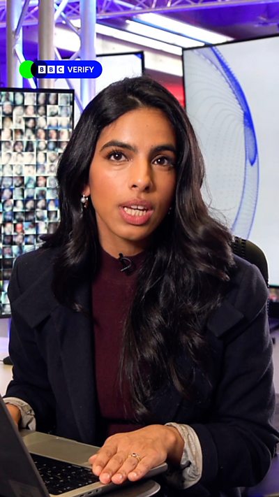 BBC Verify correspondent Merlyn Thomas speaks to the camera