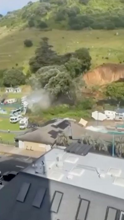 Trees falling in landslide