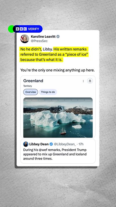 An X post from White House Press Secretary pushing back on claims that Donald Trump mixed up Greenland and Iceland