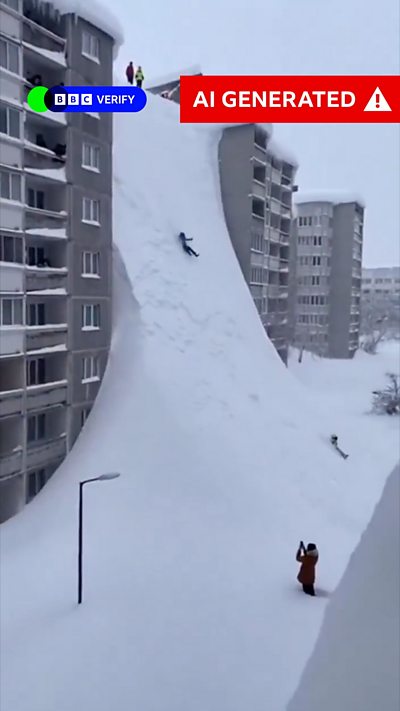 A screengrab of an AI-generated video purporting to show tall walls of snow in Russia