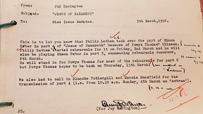 A memo from producer Joy Harington explaining why one of the performers in Jesus of Nazareth had to be changed at very short notice ahead of the fourth episode. BBC Written Archives.
