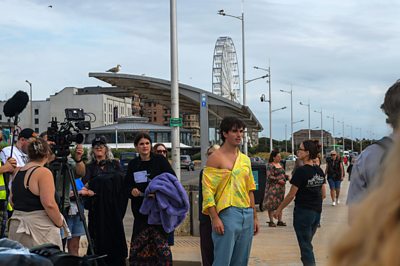 Filming actor Corey Mylchreest on location in Weston-super-Mare (photo credit: Donna Lyons)