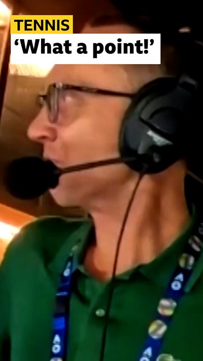 Russell Fuller commentating for five live with caption saying 'Tennis - what a point'