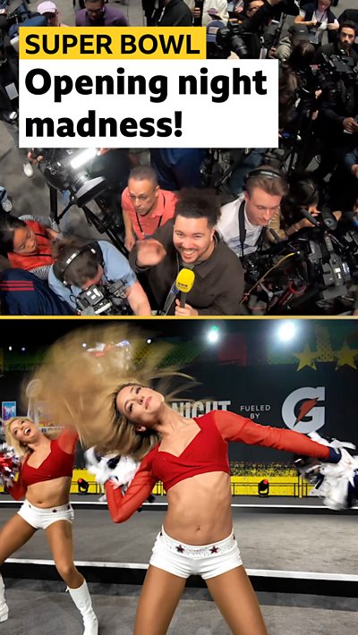 Media scrum and cheerleader performing