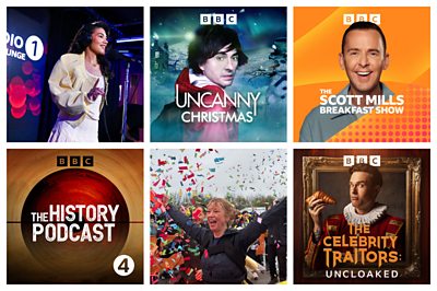 Composite image featuring artwork for six of the titles included in the RAJAR 2025 Q4 and BBC Sounds data.