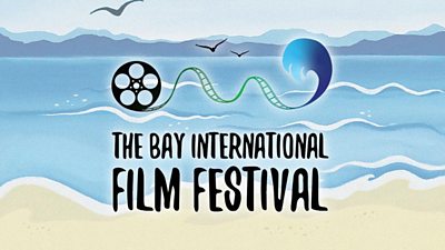 Illustrated beach scene with a film reel and wave forming a film strip above the text ‘The Bay International Film Festival'