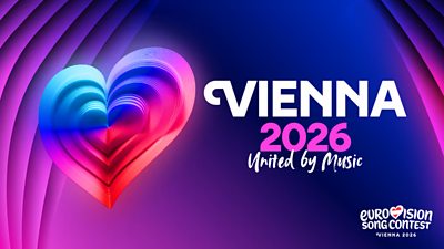 Key art for the Eurovision Song Contest 2026 in Vienna. A blue, purple and red heart sits beside text reading: "Vienna 2026 - United by Music."