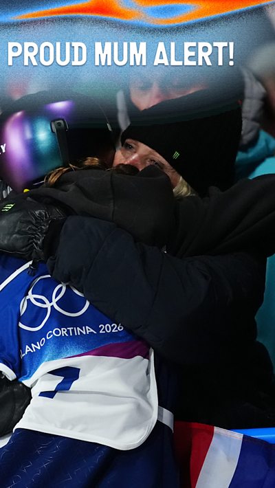 Mia Brookes and her mum hugging after the Women's Big Air competition at the Winter Olympics