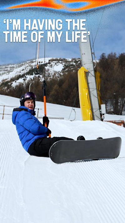 TV personality Chris Hughes tries snowboarding