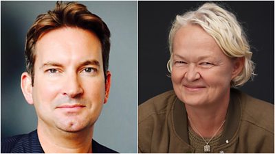Headshots of a man in a blue jacket and a woman in a brown jacket, both smiling to camera