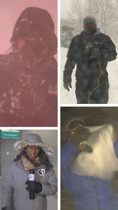 Screen split in four showing reporters in snowy conditions in winter coats.