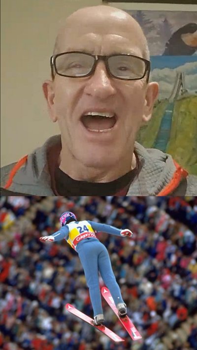 Eddie the Eagle ski jumps at the 1988 Winter Olympics