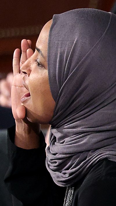 Ilmar Omar shouts during US President Donald Trump's State of the Union address.