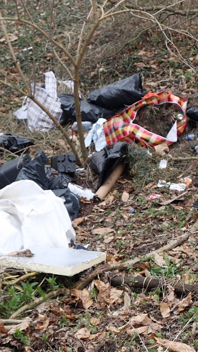 Rubbish dumped in woodland.