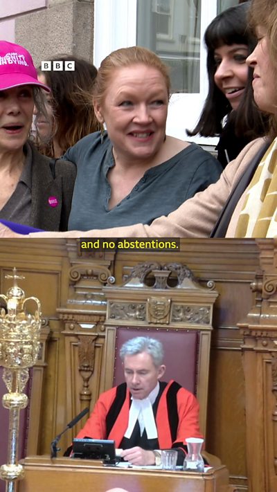 A group of women smile as they hear the news of Jersey's new law