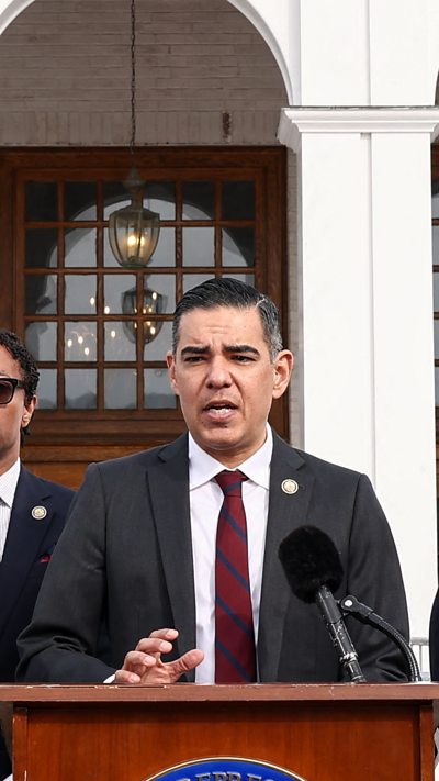 US Representative Robert Garcia (C), Democrat from California, speaks to the press.