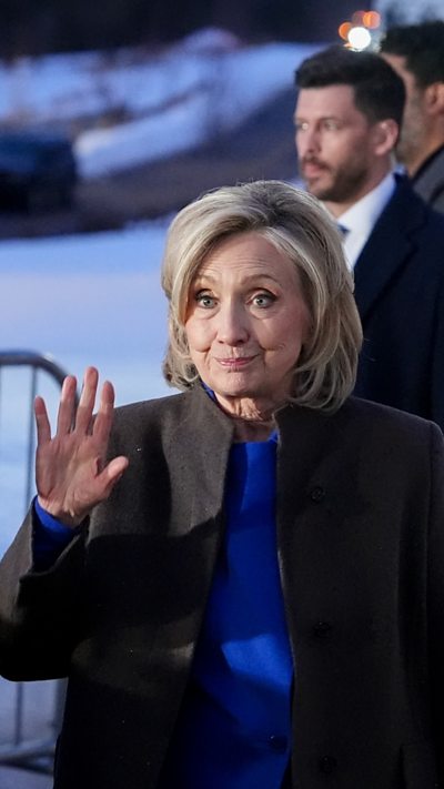 Hillary Clinton is talking to reporters post-deposition.