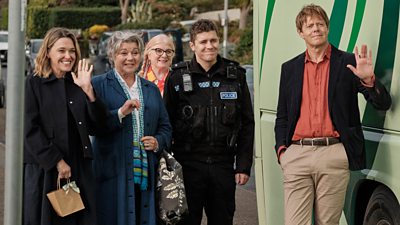 Five characters from Beyond Paradise stand beside a bus and wave to someone off-screen. Featured are Martha (Sally Bretton), Barbara Flynn (Anne Lloyd), Felicity Montagu (Margo Martins), Dylan Llewellyn (PC Kelby Hartford), and DI Humphrey Goodman (Kris Marshall).