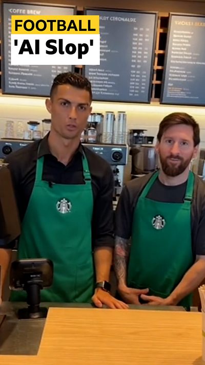 AI generated image of Messi and Ronaldo working at starbucks