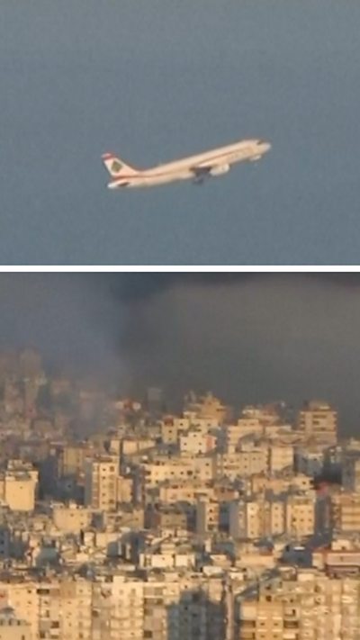 Split screen image showing plane in blue skies at top, and smoke rising over Beirut below