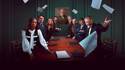 Key art for I, Jack Wright, featuring a host of main characters around a large table. One throws papers into the air, including a document labelled “Last Will and Testament”. 