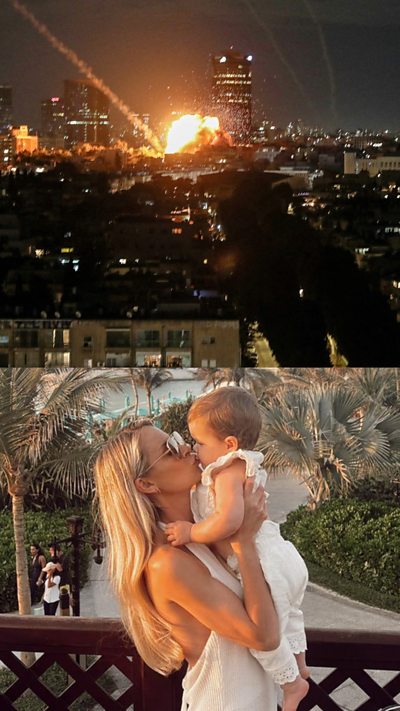 A split image - a lady holds her baby and above a city skyline showing a rocket explosion