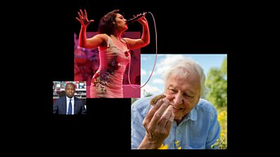 Three images feature on a black background - they are of newsreader Clive Myrie in studio, musical artist Raye performing with a microphone in hand, and Sir David Attenborough smiling as he looks at a little field mouse balancing on his hand