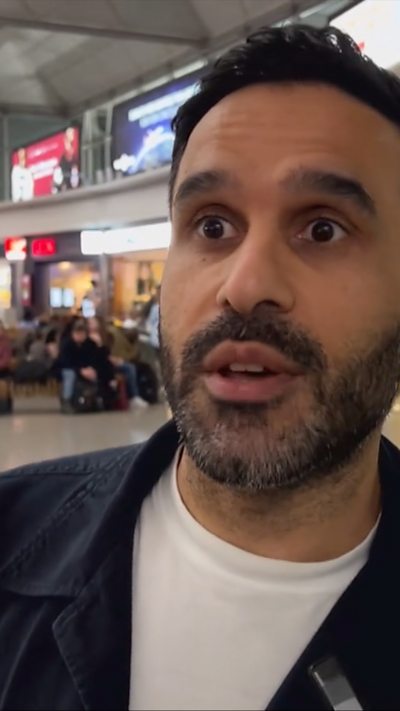 Faz speaking at the international terminal of Stansted Airport