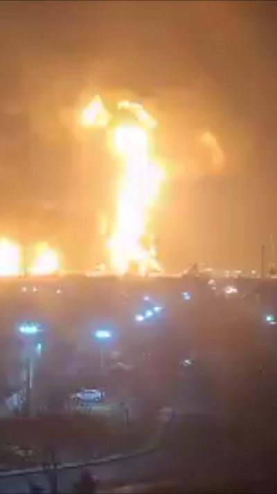 Huge flames on Tehran skyline at night