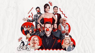 Key art for Red Nose Day 2026, featuring photos of the presenters, guests and celebrities involved. 