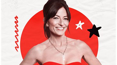 Photo of Davina smiling next to branding for Red Nose Day 2026. 