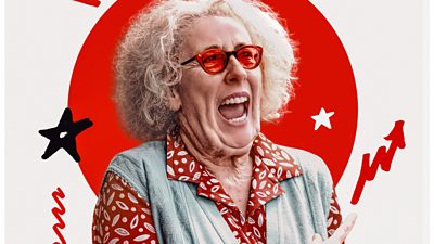 Photo of Catherine Tate in costume as Nan, laughing next to branding for Red Nose Day 2026. 