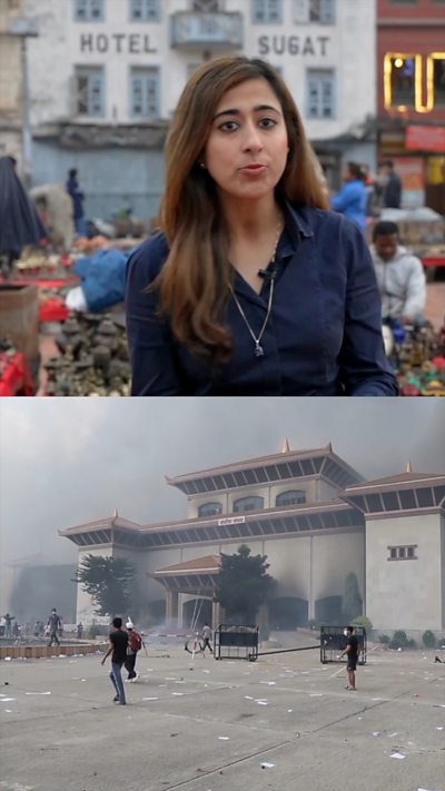 A vertical split screen of a BBC correspondent speaking to camera on a busy Nepal street, with protest vision below.