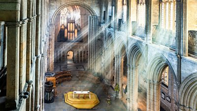 Light shines into the interior of Ripon Cathedral. 