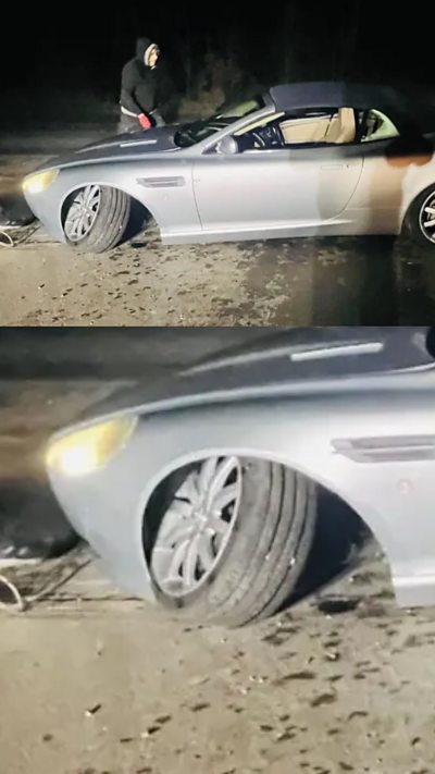 The Aston Martin was badly damaged by the pothole near Marlborough.