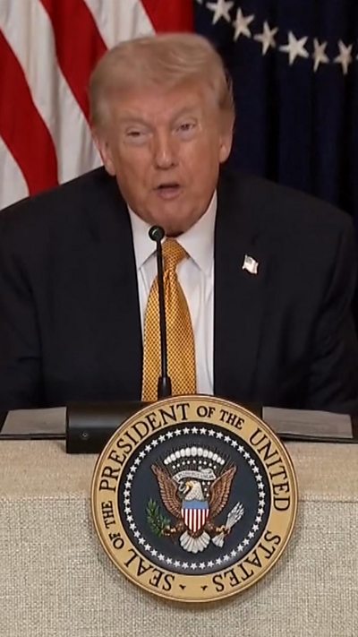 President Donald Trump speaks into mic.