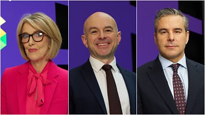 A collage of headshots of Bethan Rhys Roberts, Gareth Lewis and Nick Servini, all set against the purple Election 2026 backdrop