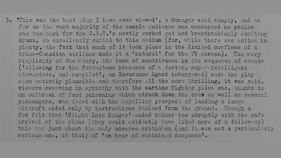 A memo explaining audience reaction to Flight into Danger 